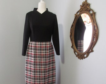 Vintage 1960s 1970s Black, Red, and White Plaid Maxi Dress By Alfred Werber Bust 36 Waist 28