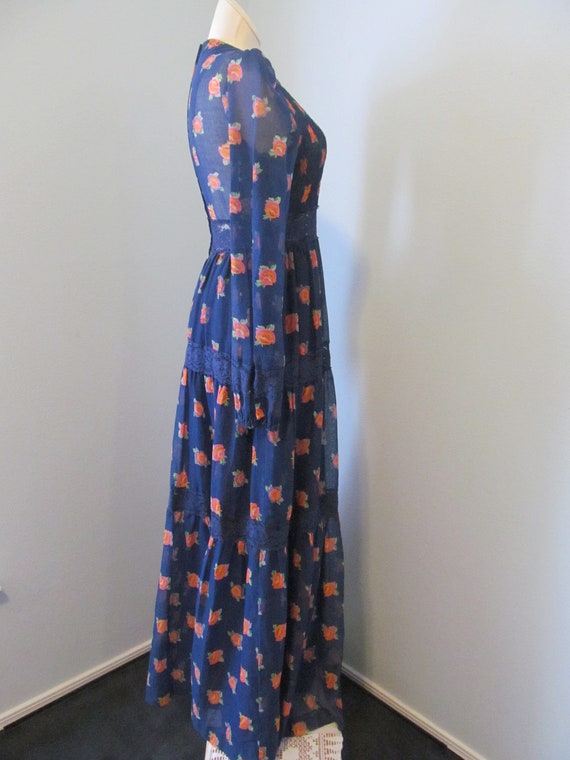 1970s Boho Navy Blue Floral Maxi Dress With Lace And … - Gem