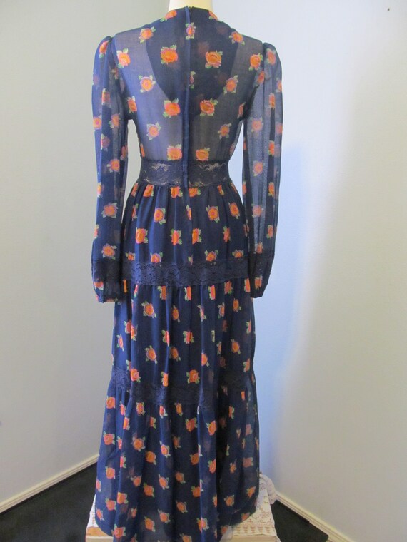 1970s Boho Navy Blue Floral Maxi Dress With Lace And … - Gem