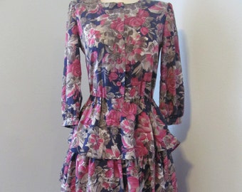 Vintage 1980s Navy Gray And Rose Floral Dress With Three Tiers Of Ruffles On Skirt