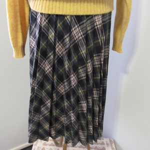 Vintage 1970s Plaid Pleated Middy Skirt Black, White, Green, Yellow Waist 26 inches