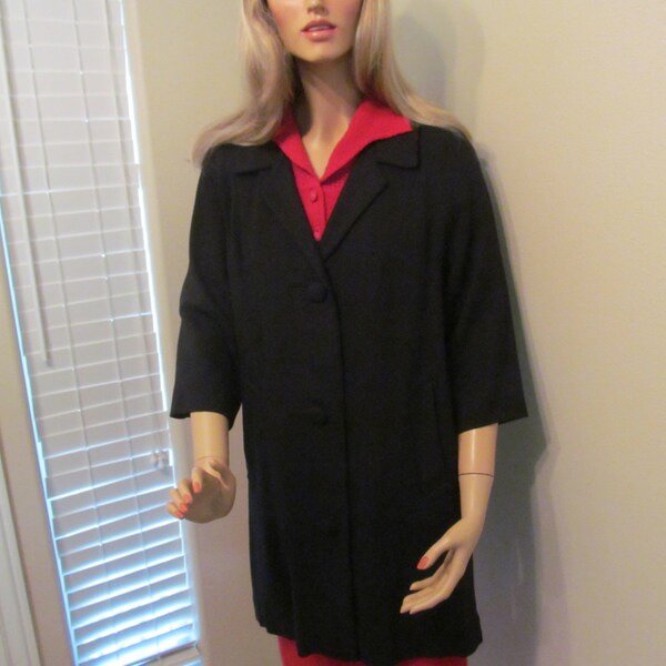 1950's Black Lightweight Coat Jacket  3/4 Length Fully lined 3/4 Sleeves