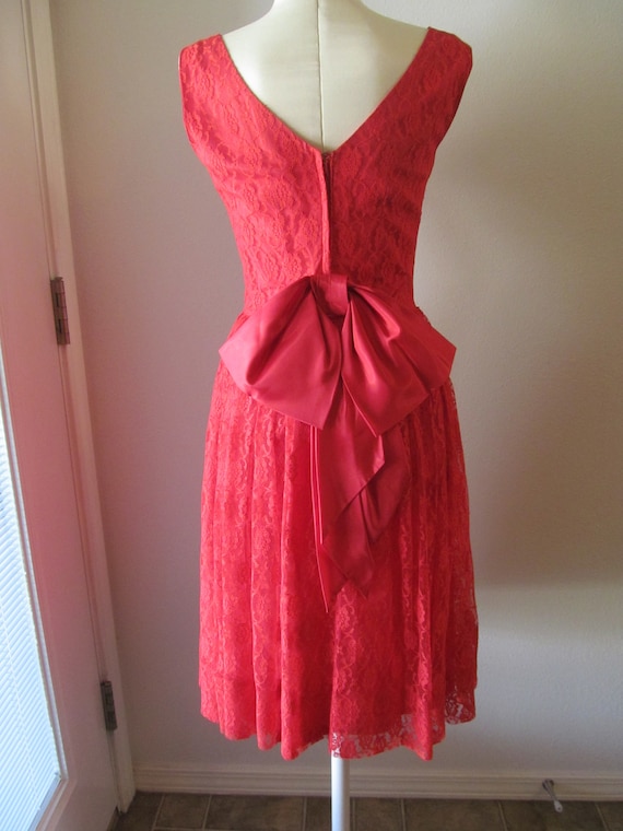 Vintage 1950s 1960s Red Lace Party Dress Swing Pi… - image 5