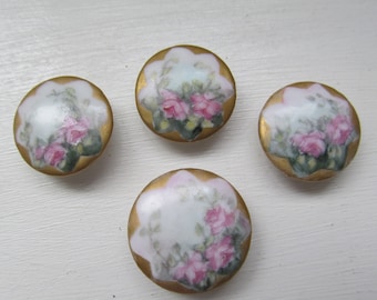 1890s 1900 Round Hand Painted Porcelain Stud Buttons Set of 3 Pink Roses With Gilt Trim
