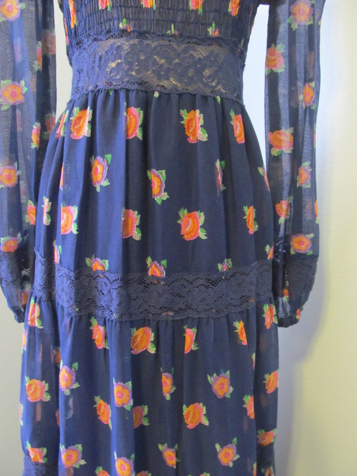 1970s Boho Navy Blue Floral Maxi Dress With Lace and Shirring "rag Doll ...