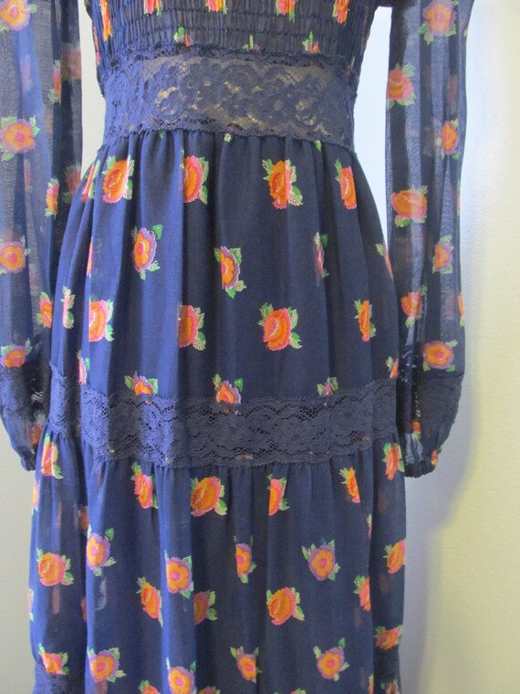 1970s Boho Navy Blue Floral Maxi Dress With Lace And … - Gem