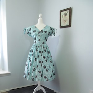 Vintage 1950s Turquoise And White Floral Party Dress With Black Velvet Multi-Color Glitter Rockabilly Pinup Prom