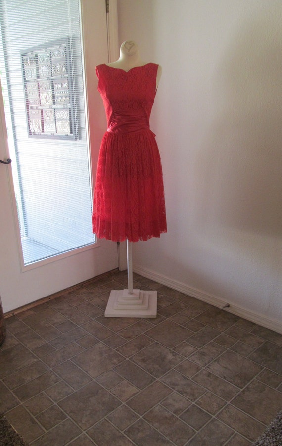 Vintage 1950s 1960s Red Lace Party Dress Swing Pi… - image 8