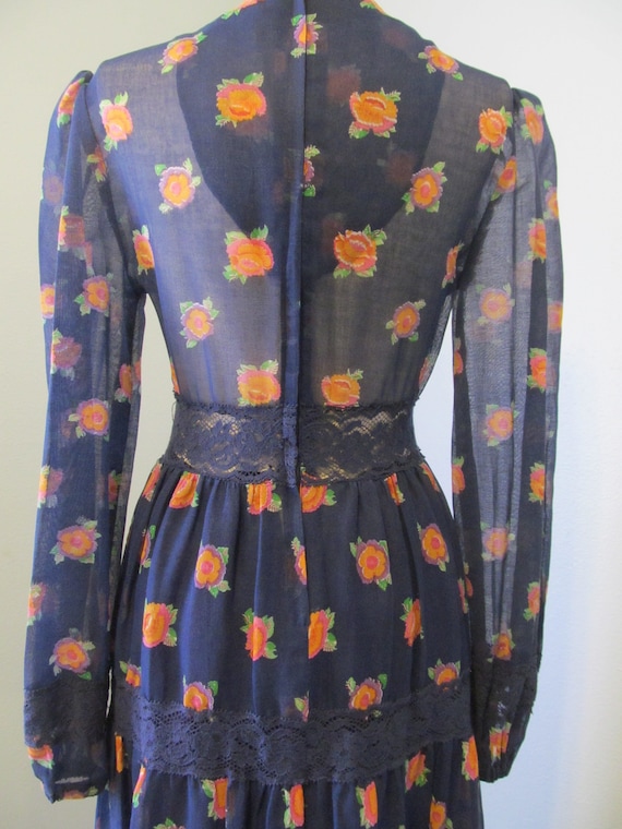1970s Boho Navy Blue Floral Maxi Dress With Lace And … - Gem