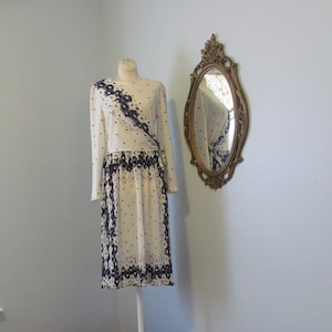Vintage 1970s Ivory White And Navy Blue Floral Dress With Micro Pleated Skirt Border Print Ties On The Side