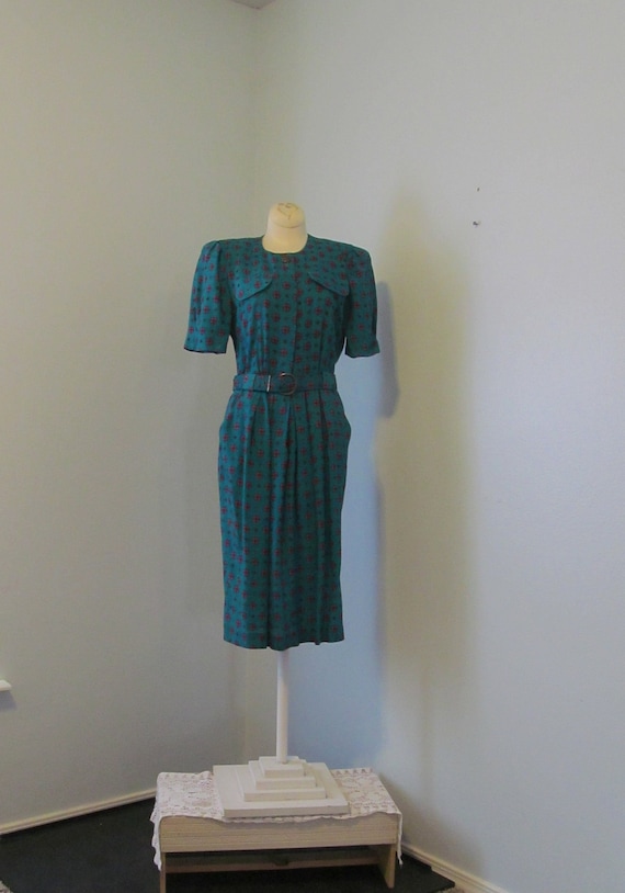 Vintage 1980s Jade Print Dress With Padded Shoulde