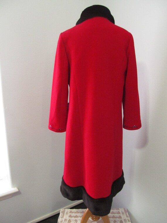 Red Wool Coat Scandinavian Embroidery Black Faux … - image 8