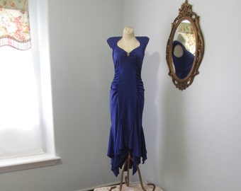 Vintage 1980s Royal Blue Party Dress With Uneven Hemline Very Low Back Made in California