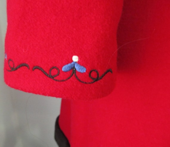 Red Wool Coat Scandinavian Embroidery Black Faux … - image 5