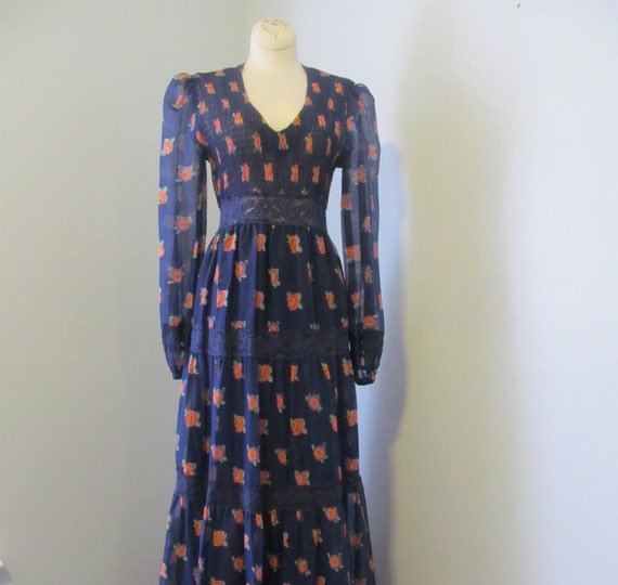 1970s Boho Navy Blue Floral Maxi Dress With Lace And … - Gem