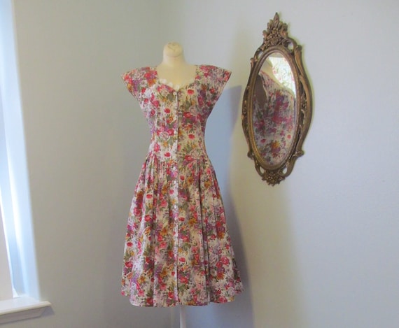 Vintage 1980s 1990s Rose Floral Cotton Dress Sundr