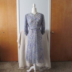 1930s Silk Chiffon Bluebell Floral Dress Bias Cut Balloon Sleeves Bust 36 Inches Waist 30-32 Inches