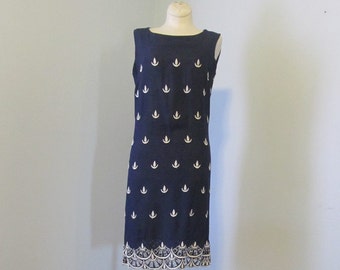 1960s Navy Blue Sheath With White Embroidery Miss Donna Size X Small