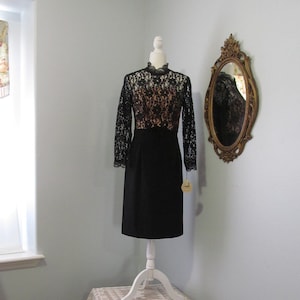Vintage 1960s 1970s Gorgeous Black Cocktail Sheath Dress With Lace Bodice Pin-Up Rockabilly Original tags