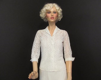 1970s 1980s White Lace Blouse Bombshell Judy Bond Size 12/32 Bust Rhinestones on Buttons