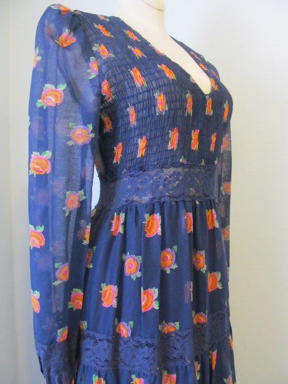 Dreamy 70s Navy Floral Cotton Bohemian Floral Maxi Dress