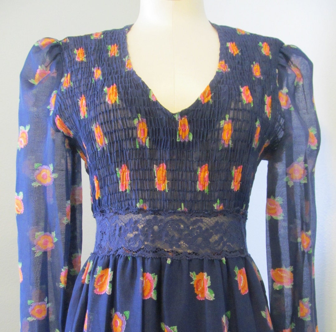 1970s Boho Navy Blue Floral Maxi Dress With Lace and Shirring "rag Doll ...