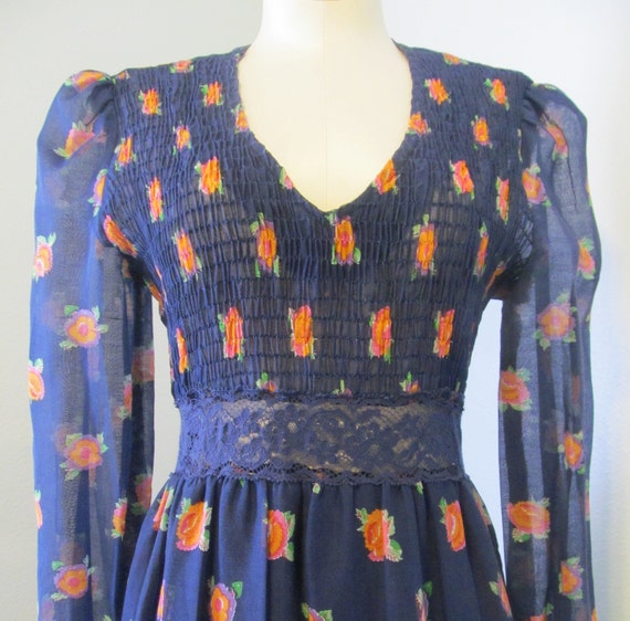 1970s Boho Navy Blue Floral Maxi Dress With Lace And … - Gem