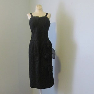 Vintage 1950s Black Lace Cocktail Party Pin-Up Dress With Organdy Rose Applique Jay Original Miami Size Medium