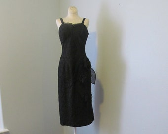 Vintage jaren 1950 zwart kant cocktail party pin-up jurk met organdy rose applique jay originele miami maat medium