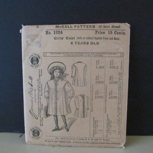 Authentic 1900-1910 Edwardian McCall Girl's Coat Pattern Size 6 No.1924 With Bishop Or Coat Sleeve