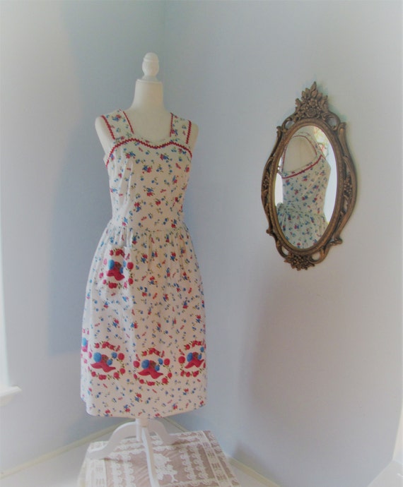 1950s Novelty Print Cotton Sundress Red And Blue … - image 1