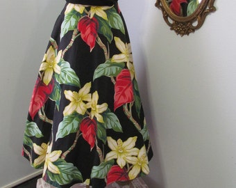 1940s 1950s Long Cotton Tropical Skirt Bold Print And Colors Rockabilly Pin-Up XS Waist 25 inches