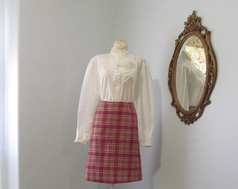 Vintage 1960s Dark Pink, Tan And White Plaid Wool A-Line Skirt Waist 25 Inches