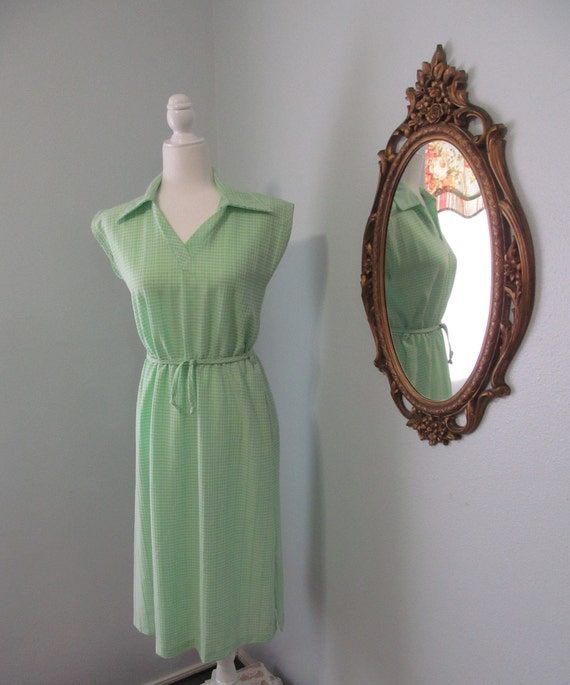 Vintage 1970s Lime Green And White Checked Polyes… - image 7