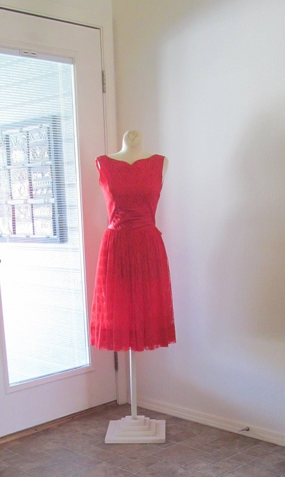 Vintage 1950s 1960s Red Lace Party Dress Swing Pi… - image 1