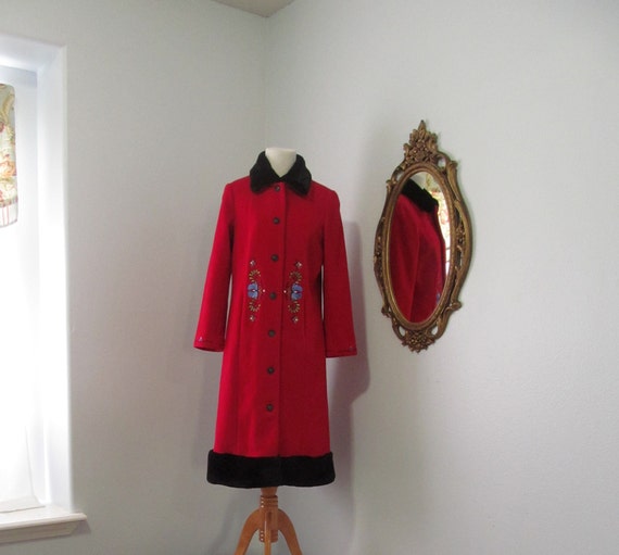 Red Wool Coat Scandinavian Embroidery Black Faux … - image 1