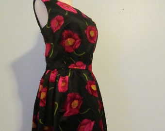 1960s Black Satin Cocktail Dress With Red Velvet Poppy Floral Print Size Small