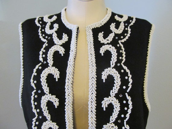 1960s Lilli Ann Black And White Beaded Sweater Ve… - image 2