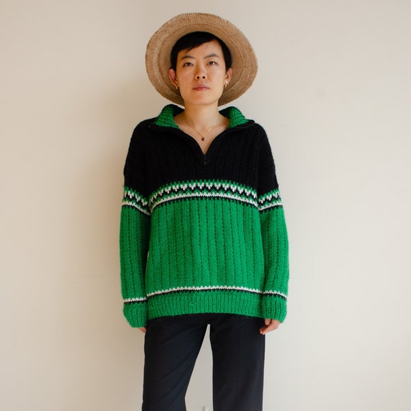 Vintage hand knitted green and black wool henry collar zip up sweater pullover