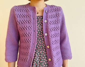 Vintage 1960s hand knitted crochet wool Lavender cardigan | xs-s