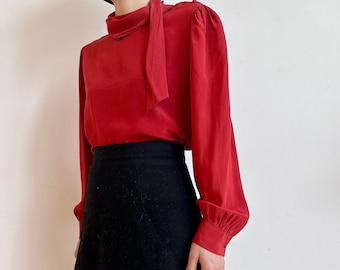 Vintage 80s red silk shirt with puff sleeve, neck ties