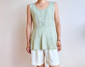 Vintage Flax green linen tank top with floral pattern