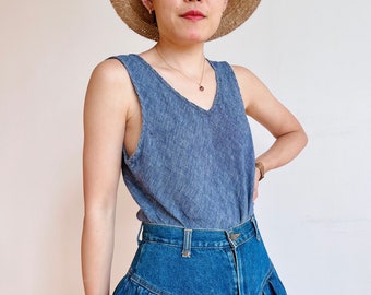 Vintage Flax blue linen tank top with V neck