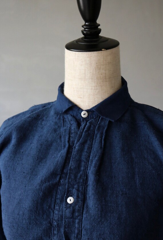 Antique French linen Indigo Smock shirt dress - image 3