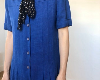 1970s vintage blue linen button down pleated dress /xs-s