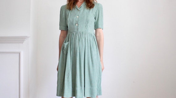Vintage Green Gingham School Frock 1940s Dress