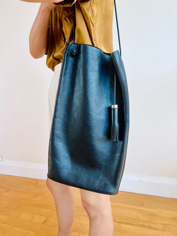 数量は多い  Long Black Block Building Leather Etsy - Tussle With Bag Tote バッグ