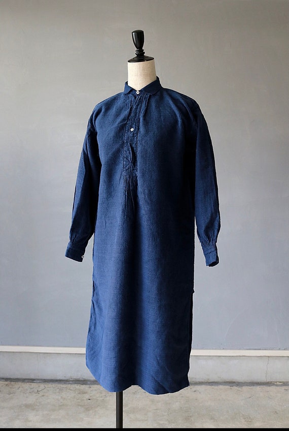 Antique French linen Indigo Smock shirt dress - image 2