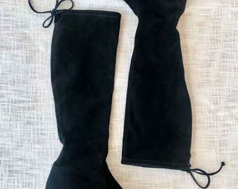 Stuart Weitzman black suede leather knee high boots with tie | US 7-7.5