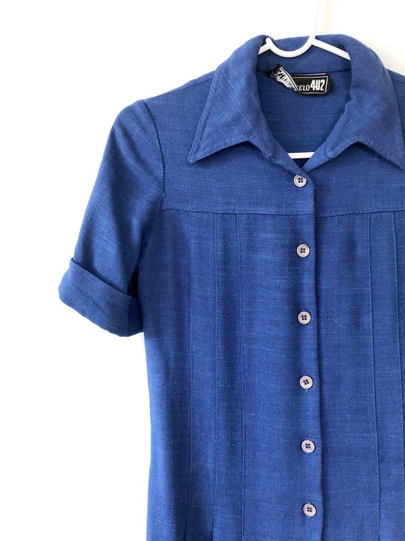 1970s vintage blue linen button down pleated dres… - image 6